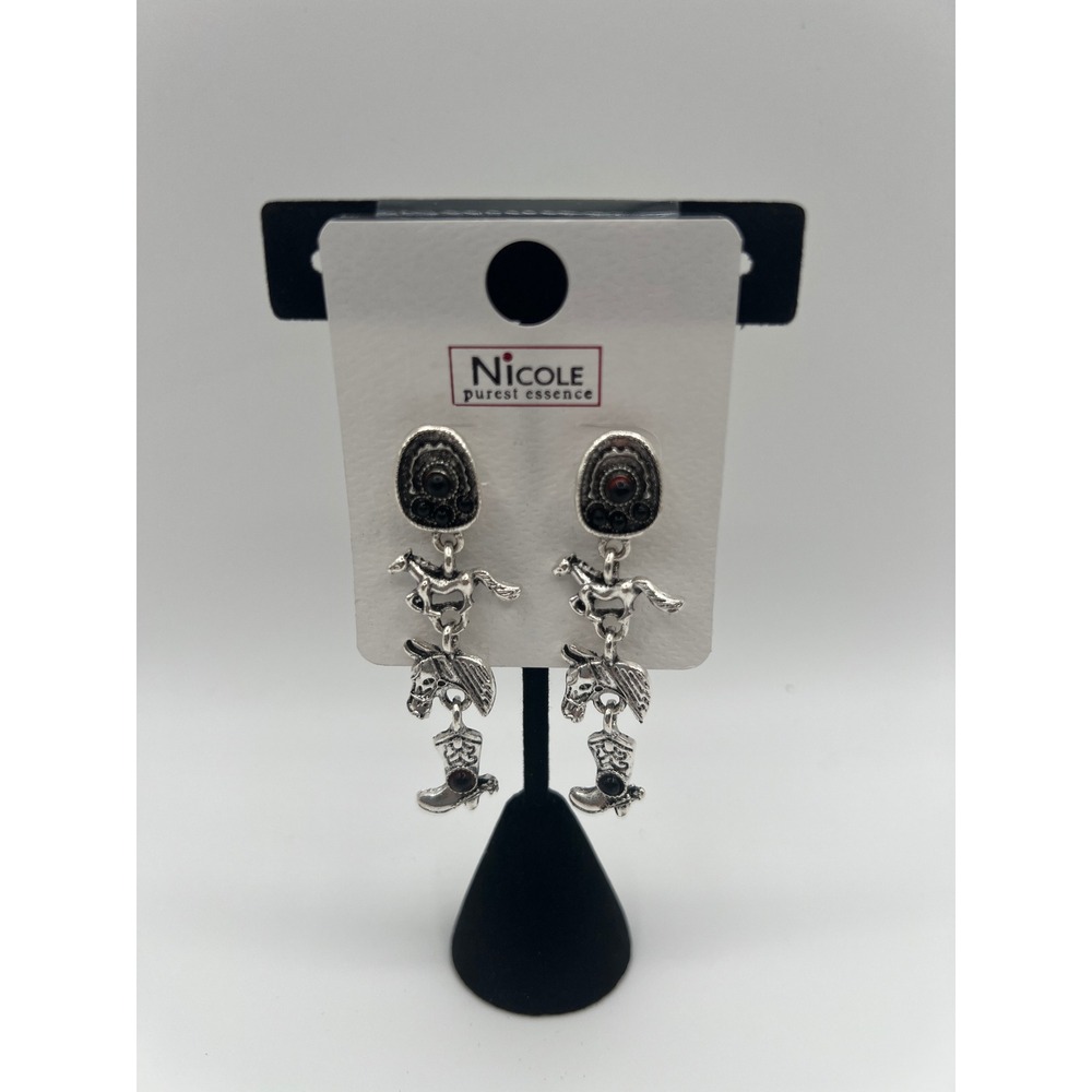 Nicole Purest Essence Western Horse Cowboy Boot Hat Drop Earrings Silver Tone